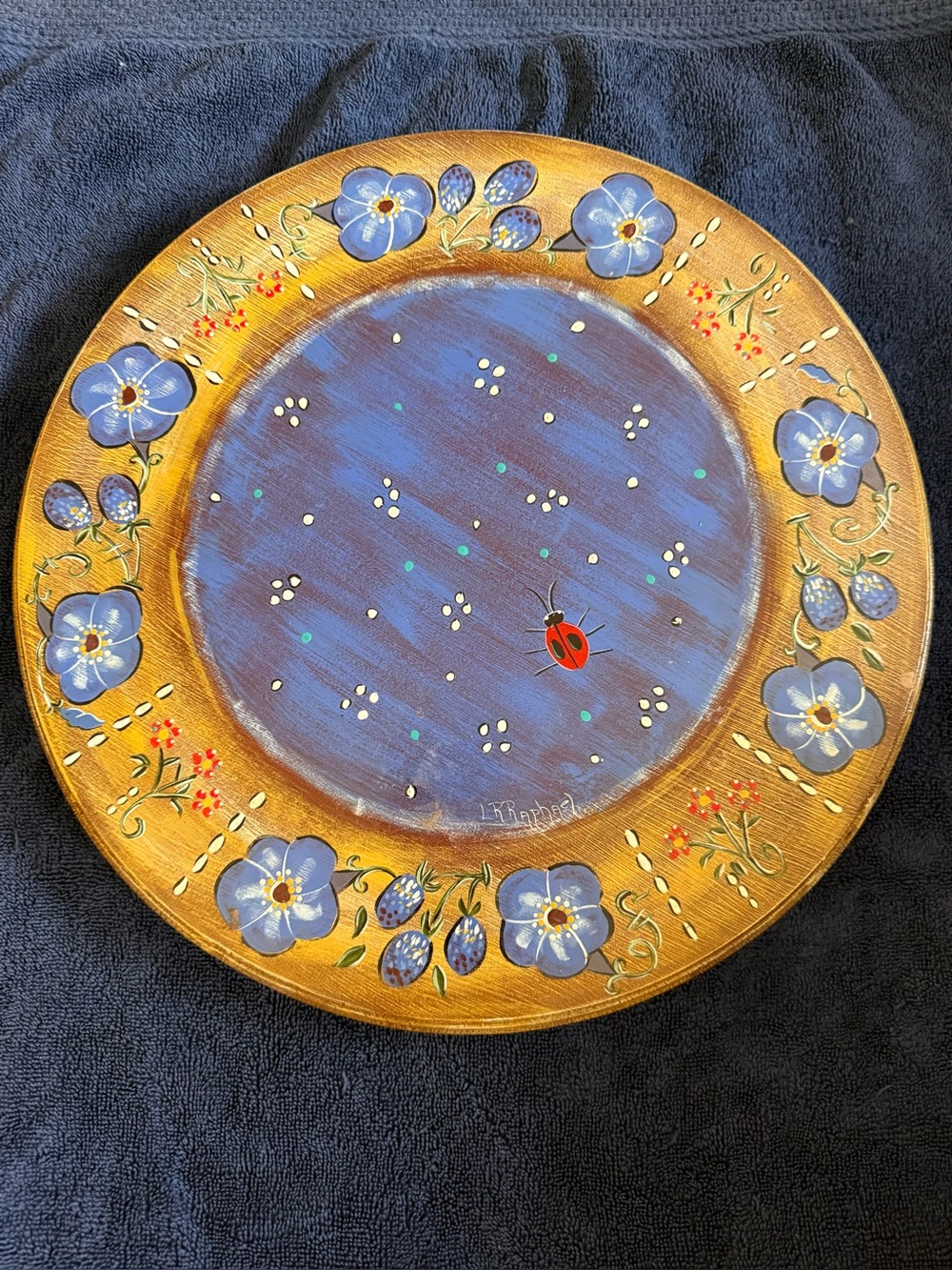 Large Folk Art LAZY SUSAN Hand Painted Floral and Ladybug .Signed by L.R Rafael